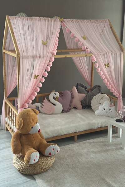 Miniden Toz Pembe Çift Perdeli Montessori Yatak Cibinliği Montessori Cibinlik