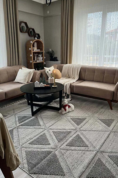 Rose'n Home Oslo 5003-T Gri/Krem Yumuşak Bukle Dokuma Geometrik Salon Koridor Mutfak Halısı