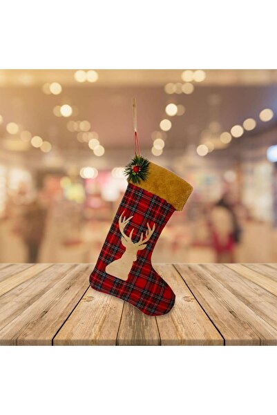 Yeni Yıl Şömine Çorabı,geyik Figürlü Ekose Yılbaşı Çorabı , Yılbaşı Ağacı Süsü, Noel Çorabı New Year