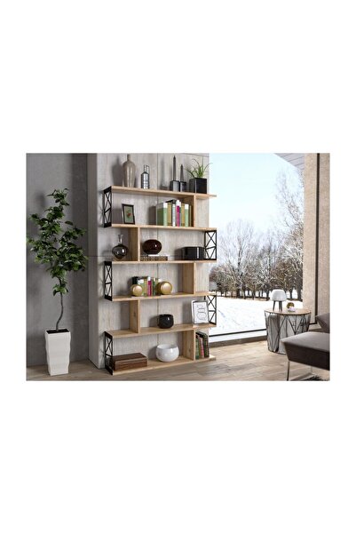 Wood'n Love Zambak 5 Raflı Altıgen Desen Kitaplık - Atlantik Çam / Siyah