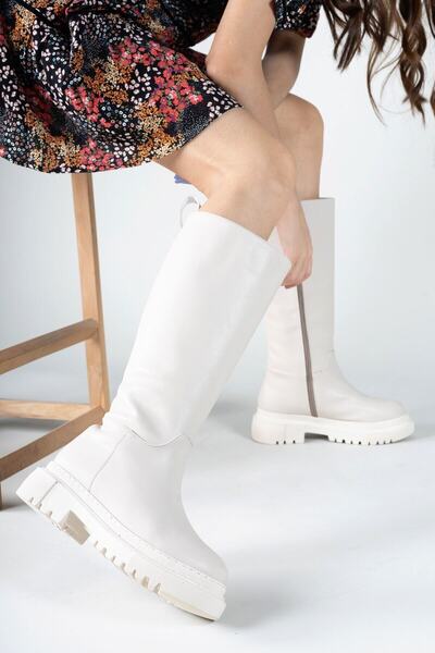 Riccon Dámské kozačky béžové kůže 0012360