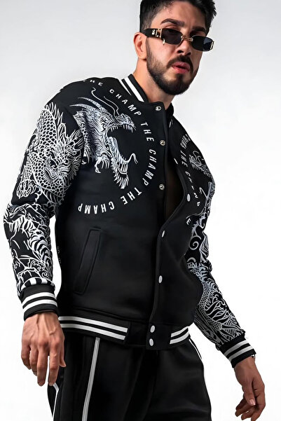 The Champ Clothing Men's College Coat Dragon Spirit Printed Black – Snap Closure, 3 Thread Sh Fleece-Lined Fleece