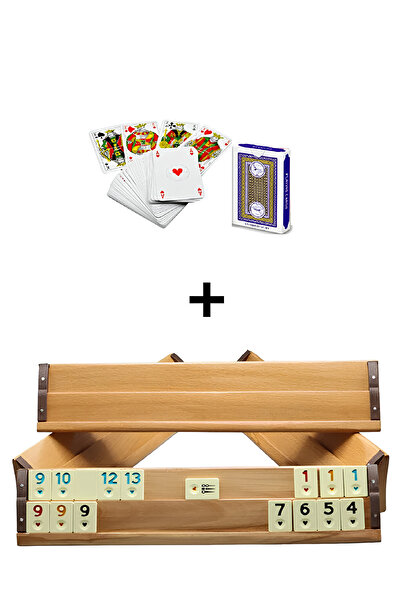 MOBEE Büyük Boy Cilalı Ahşap Okey Takımı Iskambil Kağıdı Hediye