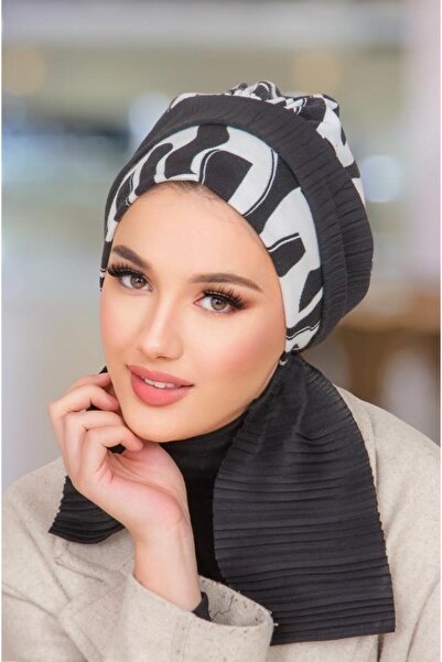 Aişe tesettür Bonete plisată alb-negru cu eșarfă