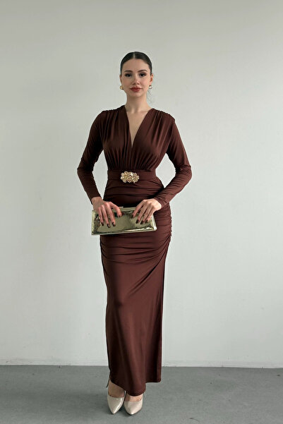Mandlyz Kahverengi Kemerli Vatka Detay Elbise