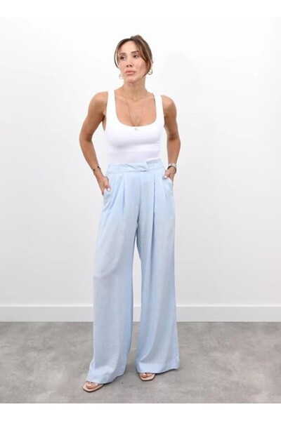 Maldia Shop Women's Elastic Waist Pleated Detail Blue Linen Palazzo Trousers