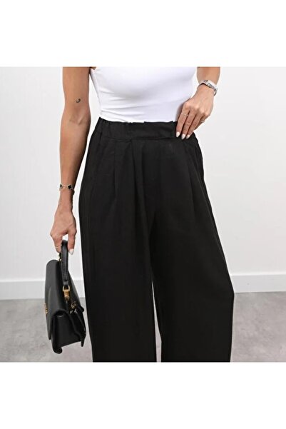 Maldia Shop Women's Elastic Waist Pleated Detail Black Linen Palazzo Trousers