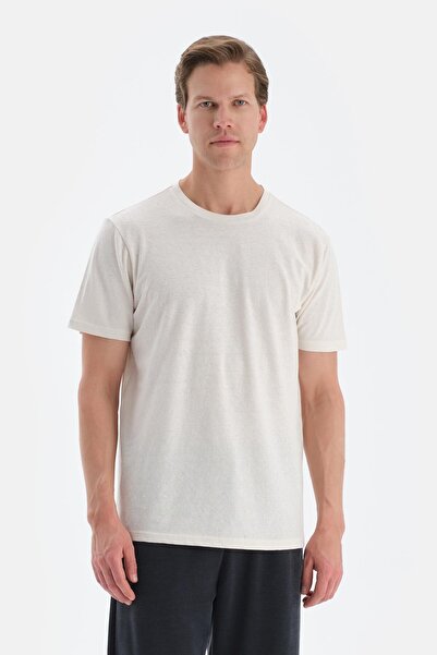 Dagi Ecru Crew Neck Knitted Linen Blend T-Shirt