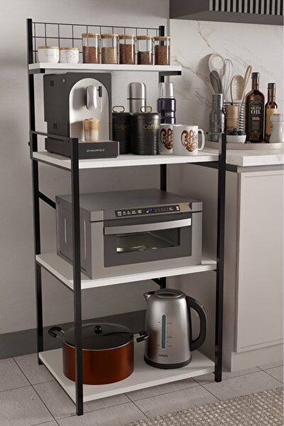 Steel Design 4 Katlı Kahve Köşesi, Ayarlanabilir Üst Raf ,Metal Ahşap Mutfak Rafı ,Küçük Ev Aletleri Düzenleyici