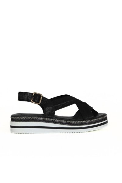 Bueno Shoes Μαύρα σατέν δερμάτινα γυναικεία φλατ σανδάλια 01wu0403