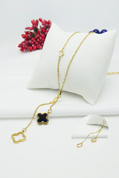 CAİSYA Altın Kaplama Özel Seri Kararmaz Sedef Taşlı Yonca V Çelik Kolye 45cm