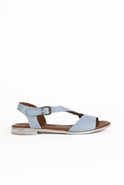 Bueno Shoes Μπλε ανοιχτόχρωμα δερμάτινα γυναικεία φλατ σανδάλια 01we2301