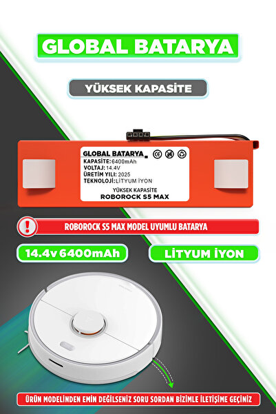 GLOBAL BATARYA Roborock S5 Max Uyumlu Akıllı Robot Süpürge Bataryası 14.4v 64...