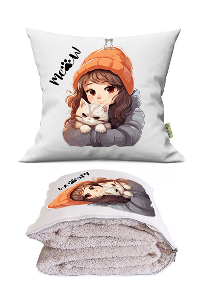 Genel Markalar Kedili Kız Baskılı Dekoratif Yastık Kırlent Opsiyonel Battaniye 2 in 1