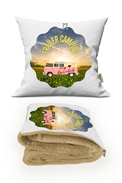 Genel Markalar Karavan Baskılı Battaniyeli Opsiyonel Yastık Kırlent Camping