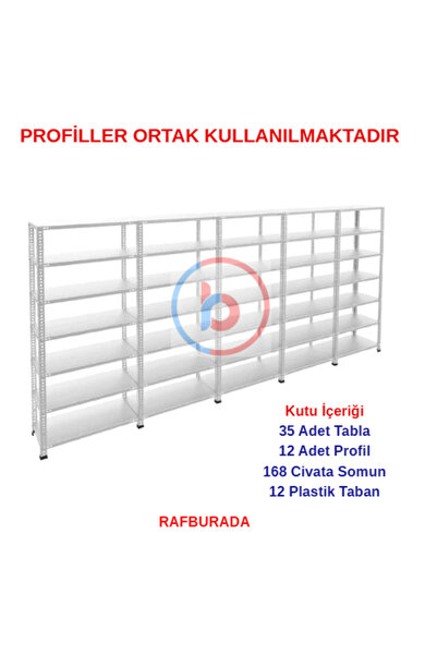 RafBurada 7 Katlı 5'li Galvaniz Çelik Raf - Depo, Arşiv, Kiler, Dosya, Market Rafı 43x60 cm-200 cm-0.70 mm