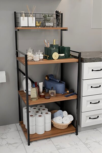 Steel Design 4 Katlı Banyo Rafı,Metal Çerçeveli Ahşap Raflı Çok Amaçlı Organi...