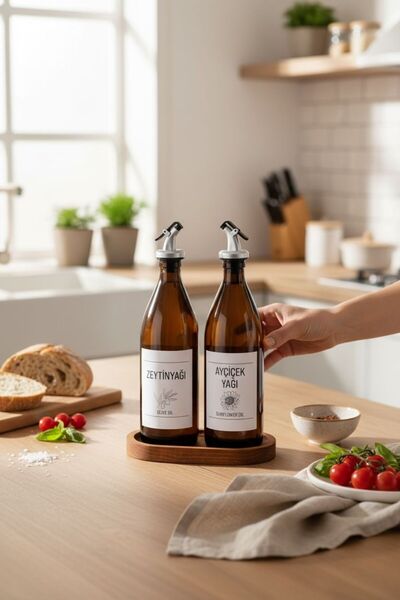 ANJEAHOME Lucca Set of 2 500 ML Amber Glass Leakproof Oil Bowl / Sauce Bowl & Stand 18x10x24 cm