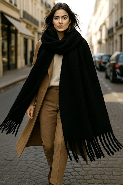 REMSA Women's Tassel Detail Scarf Shoulder Shawl 40X200 cm 1295 Black