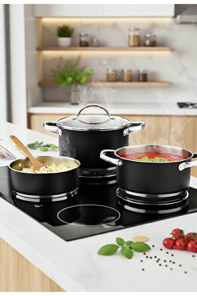 Bergner Pot Set With Lids 5 Pcs Stainless Steel Induction cookware Dishwasher safe Ronda Black