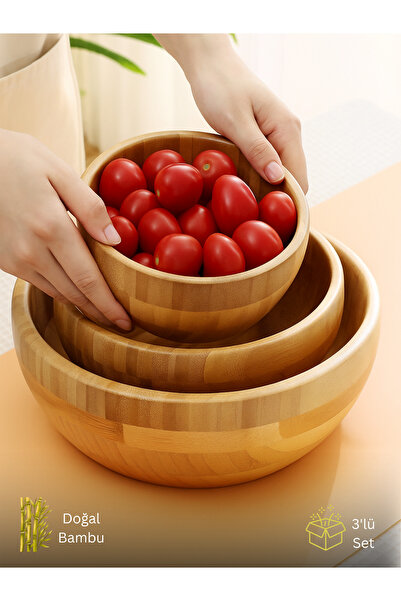 ERKUGO Bambu 3’lü Salata Kasesi, Sunum Kasesi, Dekoratif Kase, İskandinav Kase