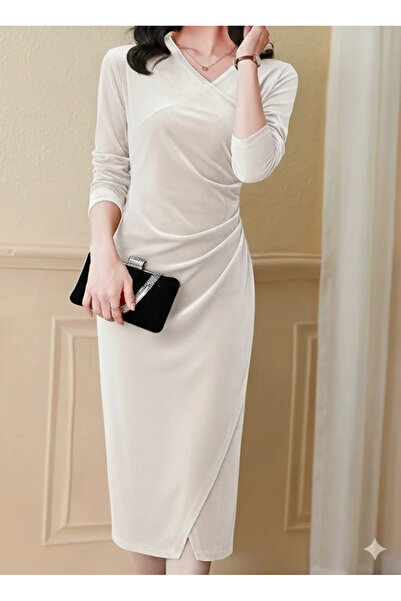 Butik Women's Long Sleeve Double-Breasted Collared Side Gathered Front Cross Detailed Midi Velvet Dress