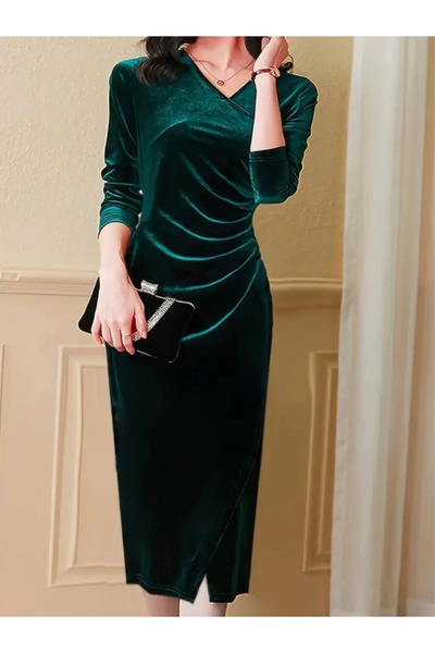 Bijuterria Women's Long Sleeve Double-Breasted Collared Side Gathered Front Cross Detailed Midi Velvet Dress