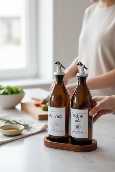 ANJEAHOME Lucca Set of 2 500 ML Amber Glass Leakproof Oil Bowl / Sauce Bowl & Stand 18x10x24 cm