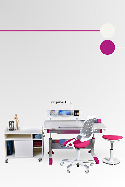 Creo Mobili Sirius Premium Plus Çekmeceli Kız Çocuk Çalışma Masası + Sandalye + Keson + Tabure - Ekru/Fuşya