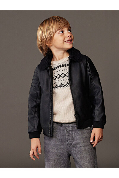 LC Waikiki Lcw kids black plush collar leather look boys' jacket