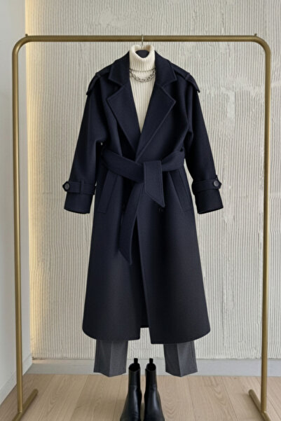 Behills Palton premium pentru femei, albastru bleumarin, cu broderie, lung, de iarnă, cu curea, elegant