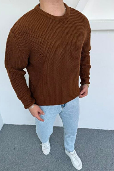 Tarz Cool Ανδρικά πλεκτά πλεκτά καφέ Regular Fit Crew Neck