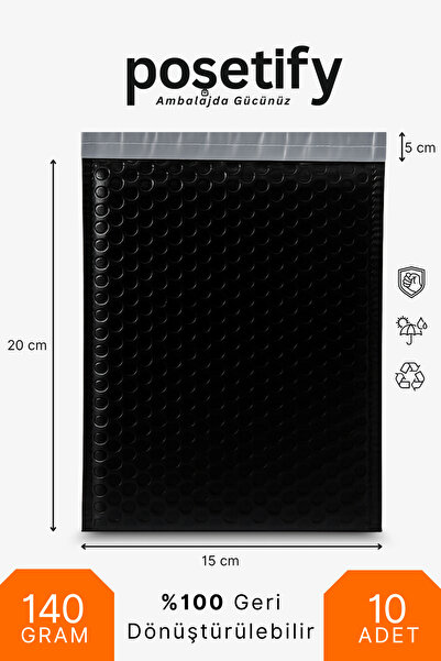 POŞETİFY Balonlu Kargo Poşeti 15x20x5 cm | 10 Adet | Siyah | Yapışkan Bantlı ...