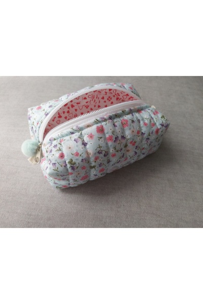 Handmade Nil Çiçekler Elyaf Dolgulu Organizer Çanta/Makyaj Çantası/Kalemlik