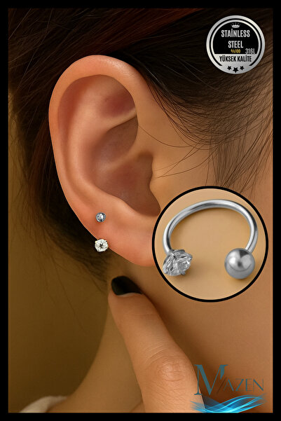 MAZEN Cerrahi Çelik Piercing Küpe Zirkon Taşlı Ve Toplu Halka Model
