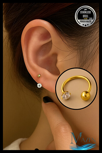 MAZEN Cerrahi Çelik Piercing Küpe Zirkon Taşlı ve Toplu Halka Model Gold Renk