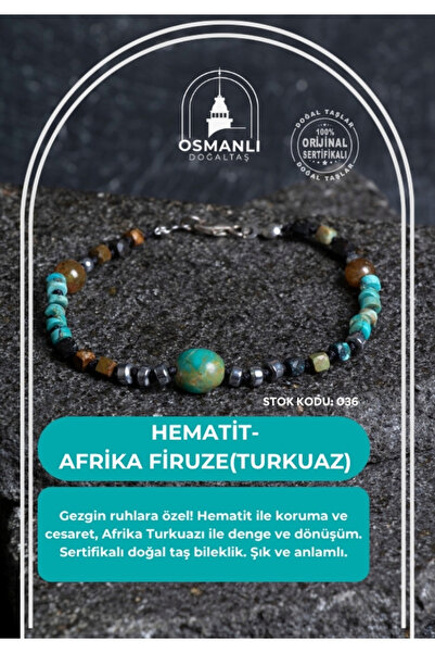 OSMANLI DOĞAL TAŞ Sertifikalı Hematit-Afrika Turkuaz xDoğal Taş Bileklik Gümü...