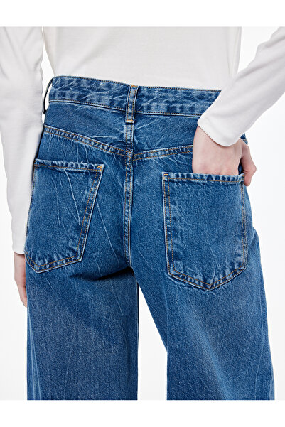 Koton Normál derekú pamut gombos zsebes széles szárú farmernadrág - széles szárú farmernadrág