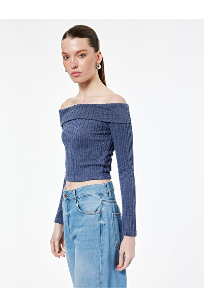 Koton Slim Fit Long Sleeve Hair Braid Textured Off-The-Shoulder Blouse