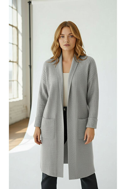 Wearified Kadın Şal Yaka Oversize Uzun Triko Hırka