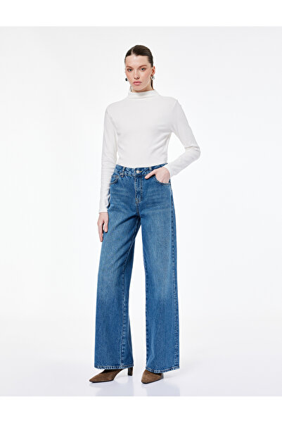 Koton Normál derekú pamut gombos zsebes széles szárú farmernadrág - széles szárú farmernadrág