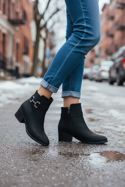 Y&D Shoes حذاء نسائي أسود بسحاب وكعب قصير وإبزيم حجري للموسم الجديد 2025-2026