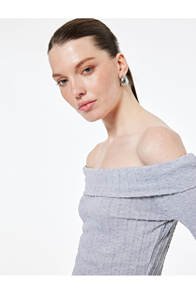 Koton Slim Fit Long Sleeve Hair Braid Textured Off-The-Shoulder Blouse