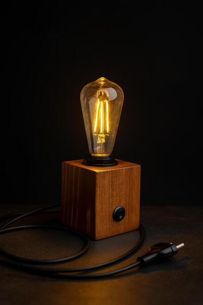 Genel Markalar Ahşap Dekoratif Rustik Küp Masa Lambası Abajür Yatak Odası Kon...