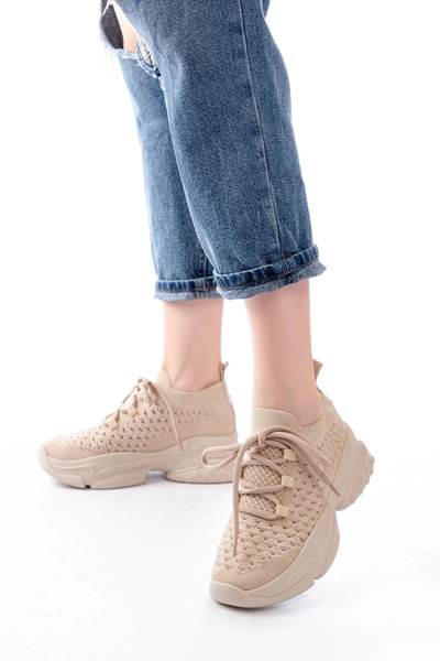 İnfon Ayakkabı Marketi Beige Daily Lace-Up Mesh Women's Sports Shoes with Stone Accessories