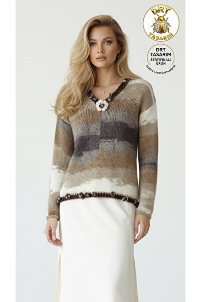 drt tasarım سترة شتوية بأكمام طويلة ورقبة على شكل حرف V باللون البني