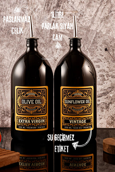 TheBRo 1lt Parlak Siyah Renkli Cam Yağdanlık Zeytinyağı Sıvıyağ Şişesi Vintag...