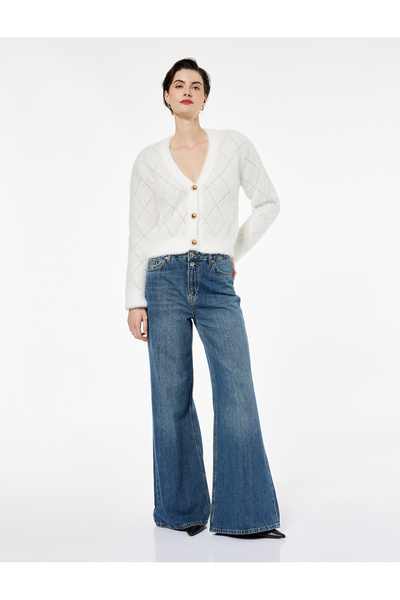 Koton Buttoned V-Neck Long Sleeve Glittering Argyle Knitwear Plush Cardigan