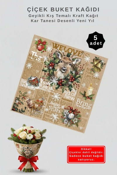 COLORPAK Geyikli Kış Temalı Çiçek Sarma Kağıdı / Kar Tanesi Desenli Yeni Yıl ...