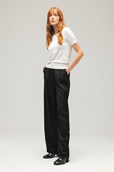 Saade Kadın Yün Görünümlü Yüksek Bel Geniş Paça Dokuma Pantolon